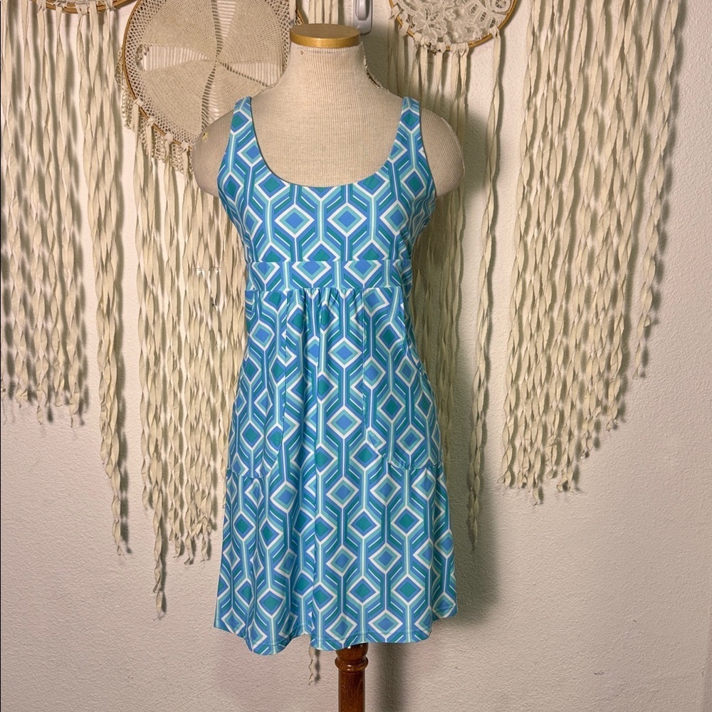 Jude Connally Blue Aqua White Geometric Print Tank Dress with Pockets Small